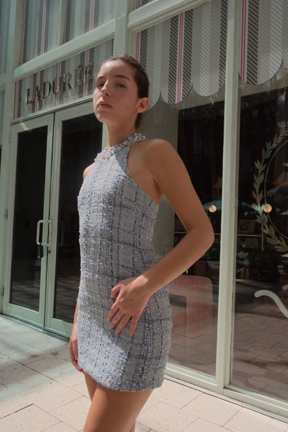 Speakeasy dress in blue sky tweed